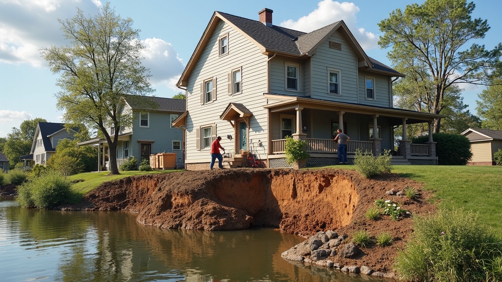 Foundation repair specialists working on a home in Davenport, Iowa near the Mississippi River