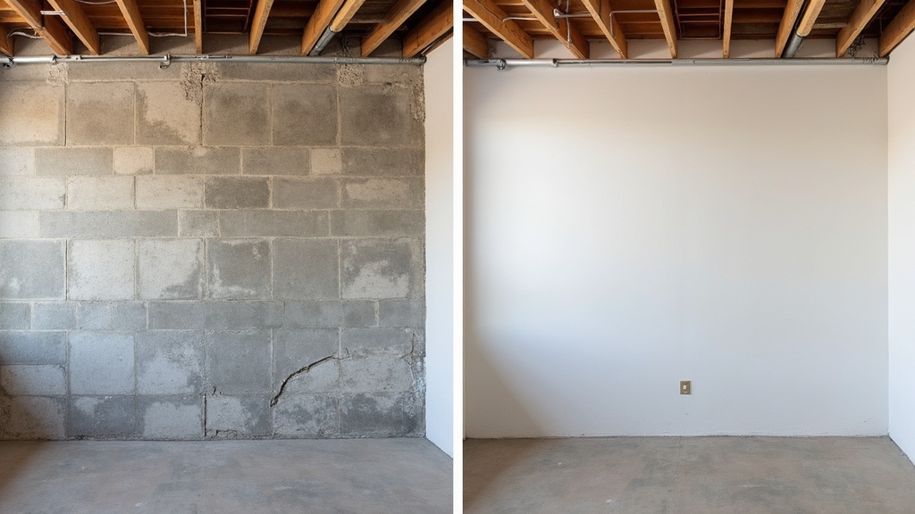 Foundation wall repair before and after in Des Moines Iowa basement