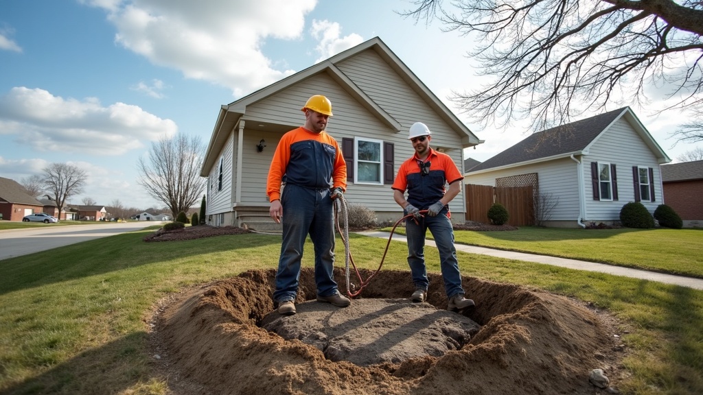 Foundation repair crew at work in Des Moines Iowa residential neighborhood