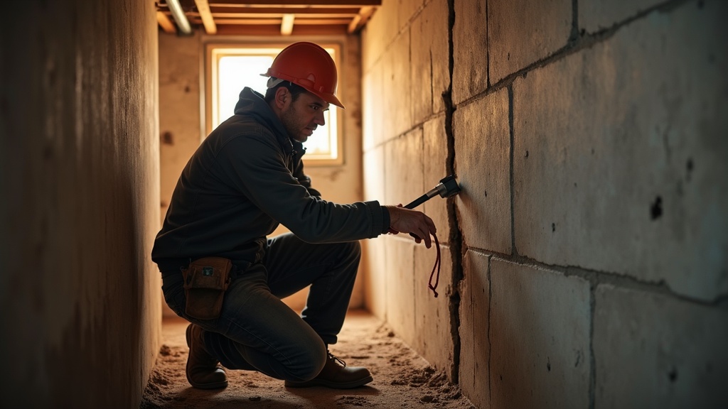 Foundation repair specialist inspecting cracked foundation wall in Des Moines Iowa home