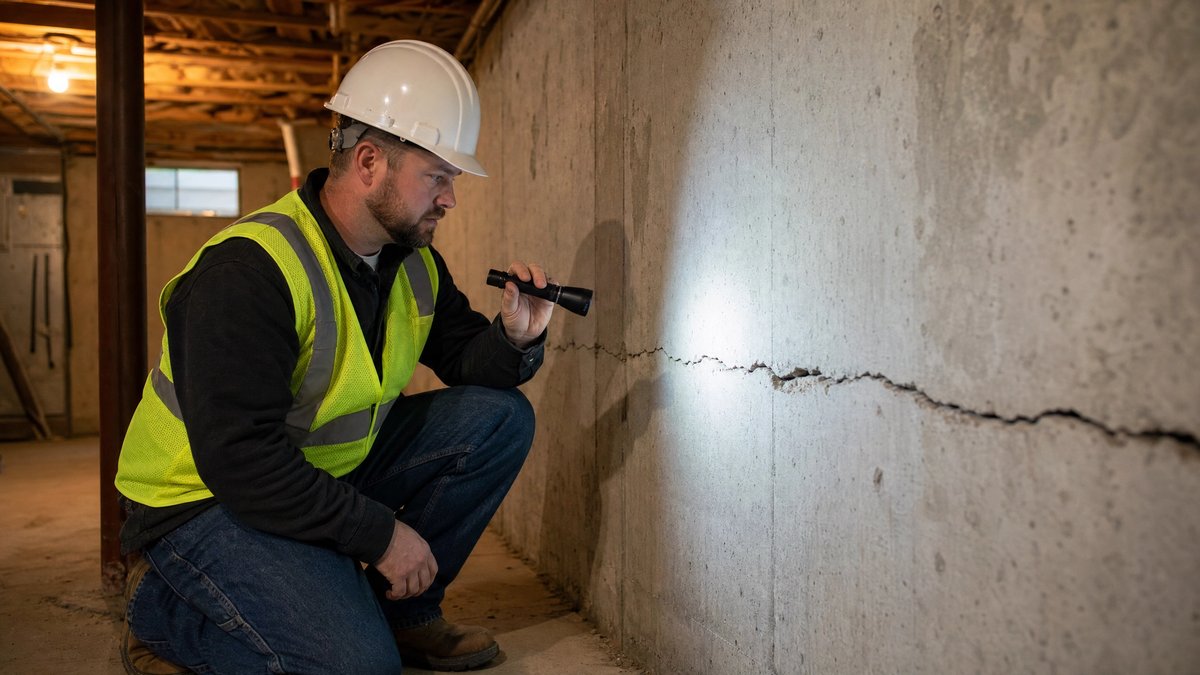 Foundation repair inspector examining cracked concrete wall in Des Moines Iowa basement