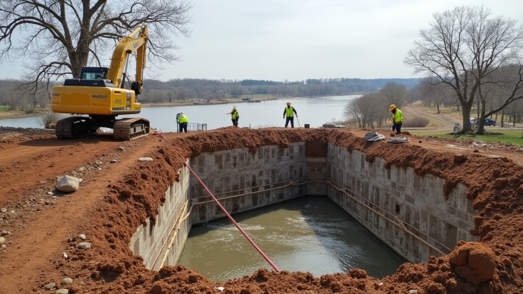 Foundation repair team working on a block foundation in Iowa City, Iowa