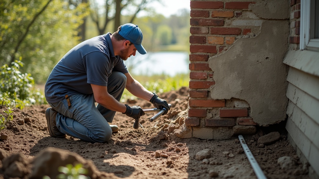 Foundation repair technician inspecting a crack in a Waterloo home