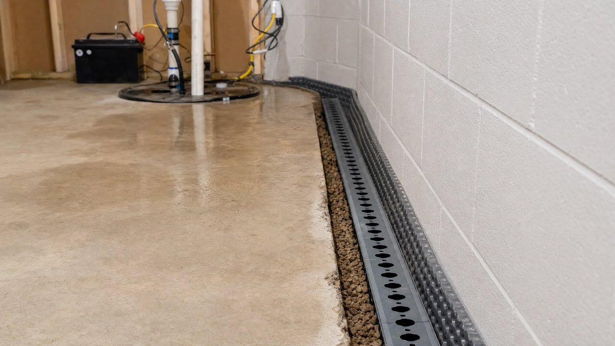 Basement waterproofing interior drainage system installation Des Moines Iowa